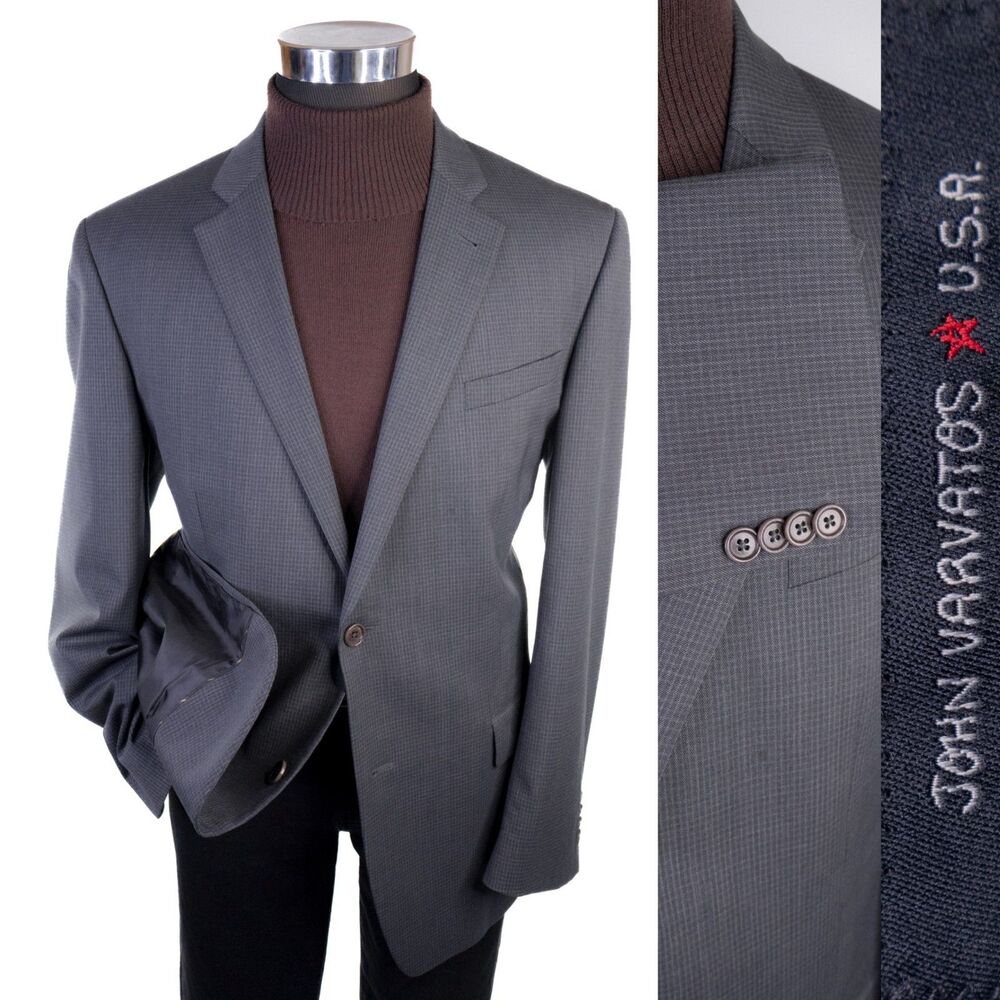 John Varvatos Blazer Sport Coat Sz 44R Check Gray Premium Tailored Wool Jacket